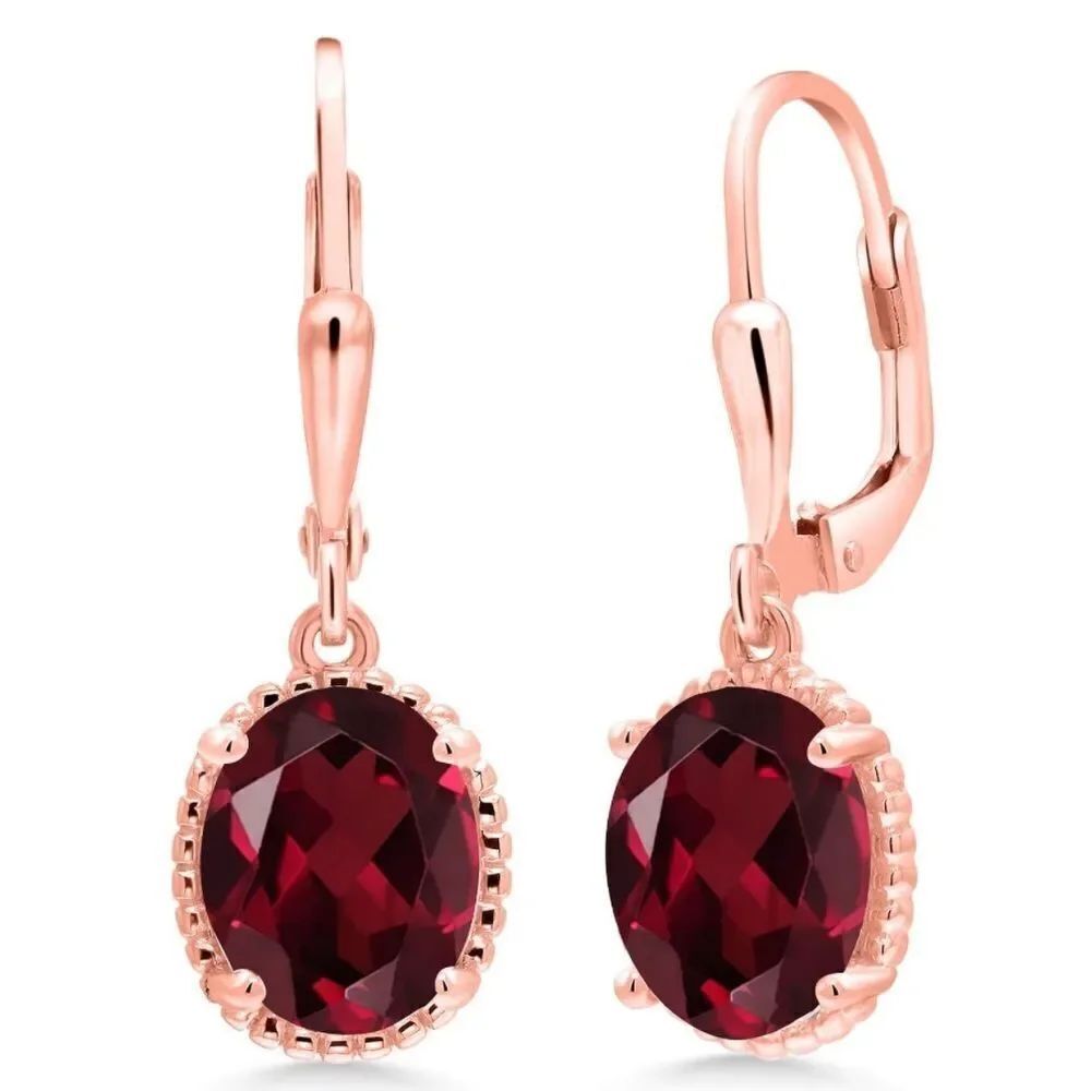18K Rose Gold 925 with 4.00 Cttw Rhodolite Garnet Oval Leverback Hook Earrings